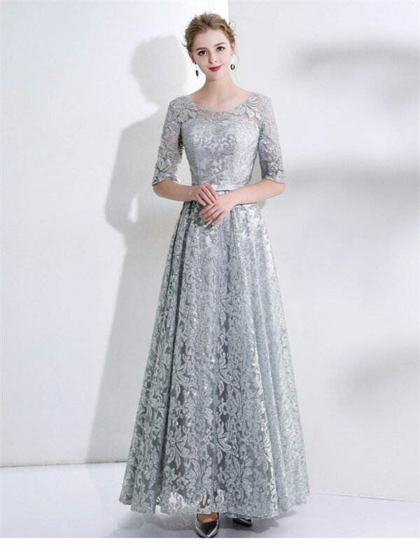 ドレス 大人 ピアノ 発表会 ロングドレス 演奏会 結婚式 母親 パーティードレス ワンピース フォーマルドレス イブニングドレス 30代 40代 50代 大きめ 親族 レース 袖あり 成人式 同窓会 お呼ばれ 演奏会用ドレス 二次会 フォーマル 披露宴 グレー 灰 大人