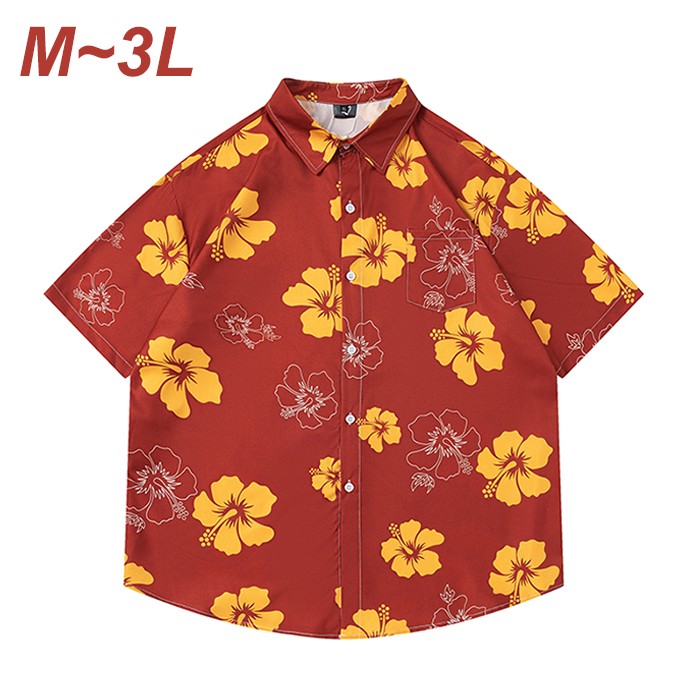 アロハシャツ ハイビスカス 総柄 赤 男女兼用 メンズ レディース カジュアル 半袖 柄シャツ 夏 海 開襟シャツ レッド ゆったり 涼しい おしゃれ 大きいサ...