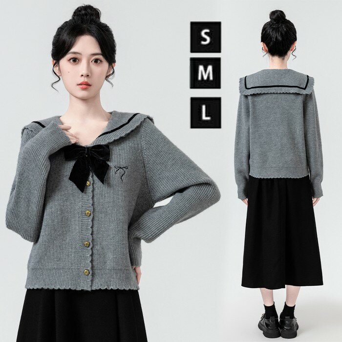 トップス 襟付き ニット ニットセーター セーター セーラーカラー レディース 長袖 襟 ショート丈 ニットトップス 可愛い リボン バイカラー 秋 冬 あったか きれいめ グレー かわいい おしゃれ 暖かい 女の子 中学生 高校生 小柄女性(4.0)