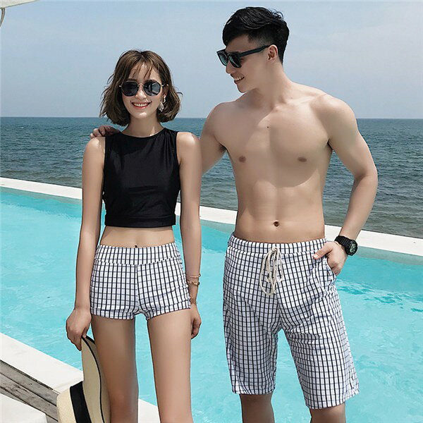 ペア カップル水着 チェック柄 レディース水着+メンズビーチパンツ 体型カバー 夫婦 水着 カップル ペアルック 親子 恋人 彼氏 彼女 おそろい カップルお揃い ビーチ水着 おしゃれ ビーチ プール 海