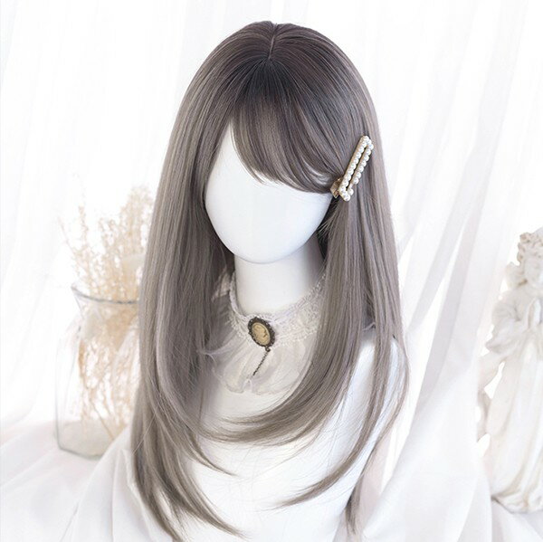 ウィッグ フルウィッグ 長髪 ロング　ロングウィッグ ぱっつん前髪 ロリータ lolita 前髪あり 原宿風 かつら コスプレ 可愛い 大人用 普段使い 文化祭 イベント 学園祭 演劇 舞台 学芸会 グレー dp042jc