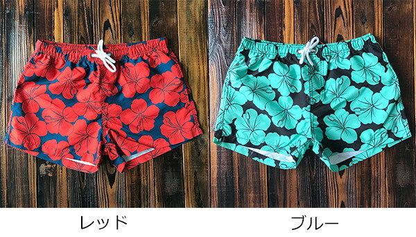 水着 メンズ サーフパンツ 2カラー選べる 速乾 ショートパンツ ショーパン 短パン 水陸両用 ビーチパンツ 大きいサイズ 海パン 花柄 スイムパンツ リゾート 海 プール 行楽 レジャー 旅行 サーフィン レッド ブルー S/M/L/LL/3L/4L eh029jc