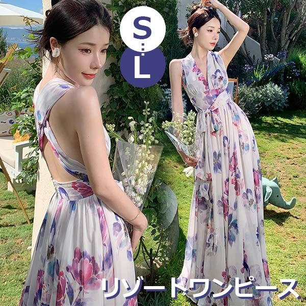 Rakuten - ワンピース 袖なし 花柄 夏ワンピ 可愛い ゆったり ロング丈 Vネック 着痩せ ハイウエスト 上品 セクシー 夏ワンピース 夏 リゾートワンピ 旅行 海 海辺 バカンス デート お出かけ S M L