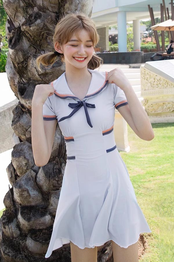 ワンピース水着 服みたいな 水着 2点セット セーラー 制服風 半袖 リボン ワイヤーなし パッド付 レディース 着瘦せ 服みたいな シンプル セクシー 写真映え 撮影用 海 夏 サマー プール リゾート かわいい オシャレ 旅行 温泉 大人 女性用 ジュニア 学生 女の子 グレー