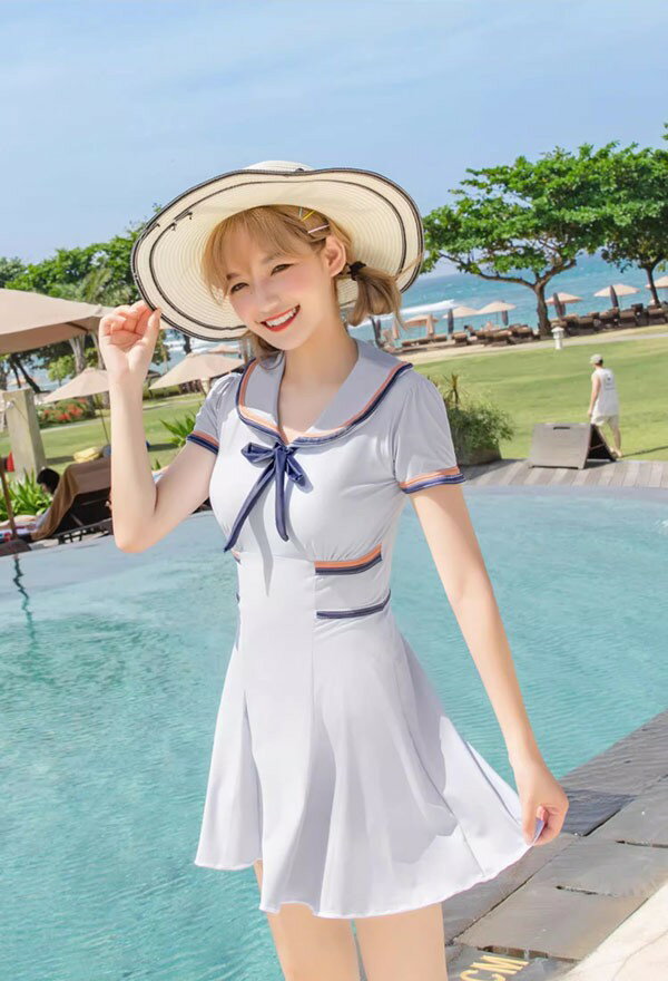 ワンピース水着 服みたいな 水着 2点セット セーラー 制服風 半袖 リボン ワイヤーなし パッド付 レディース 着瘦せ 服みたいな シンプル セクシー 写真映え 撮影用 海 夏 サマー プール リゾート かわいい オシャレ 旅行 温泉 大人 女性用 ジュニア 学生 女の子 グレー