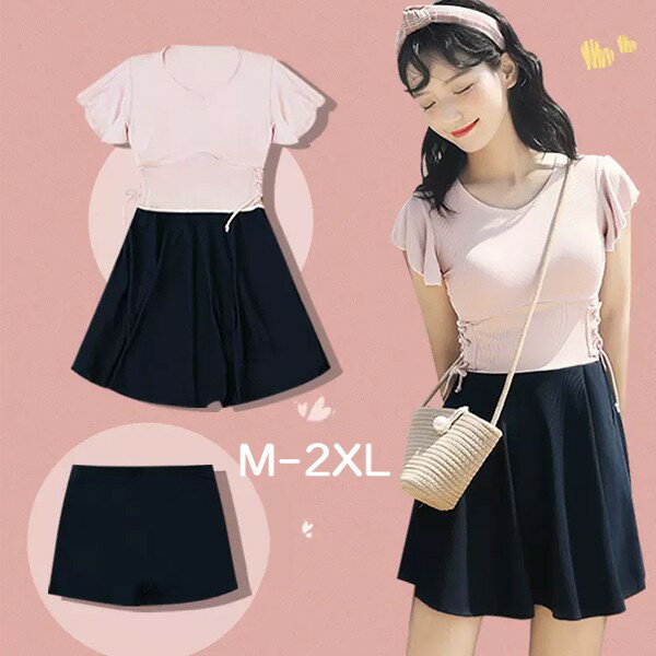 ワンピース水着 服みたいな 水着 2点セット リボン 半袖 無地 切り替え ワイヤーなし パッド付 レディース 着瘦せ カジュアル シンプル 露出控えめ 写真映え 撮影用 海 夏 サマー プール リゾート かわいい 旅行 温泉 大人 女性用 ジュニア 学生 女の子 ピンク ブラック