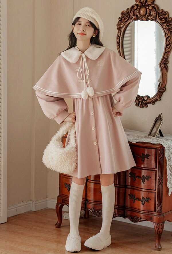 ステンカラーコート 冬服 レディース もこもこ ジャケット ミディアムコート 膝丈 コート ロリータ ロリータコート ロリータアウター トップス アウター 小柄 可愛い ファー付き 学生 通学 通勤 日常着 着痩せ 女の子 長袖 袖あり 冬 ゴスロリ dg671m4m4lc