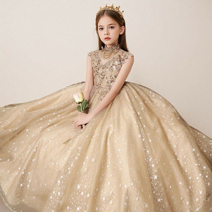 ドレス 発表会 女の子 結婚式 ピアノ発表会 110 120 130 140 150 160 ロング丈 ワンピース フォーマル ロングドレス ノースリーブ 袖無し お姫様 プリンセス キッズドレス パーティドレス 上品 かわいい おしゃれ 子供 コンサート 舞台 イベント 七五三 ゴールド da010m6m6lc 2