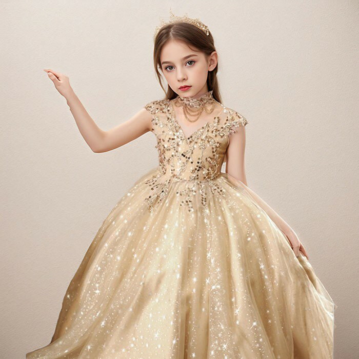 ドレス 発表会 女の子 結婚式 ピアノ発表会 110 120 130 140 150 160 ロング丈 ワンピース フォーマル ロングドレス ノースリーブ 袖無し お姫様 プリンセス キッズドレス パーティドレス 上品 かわいい おしゃれ 子供 コンサート 舞台 イベント 七五三 ゴールド da010m6m6lc 3