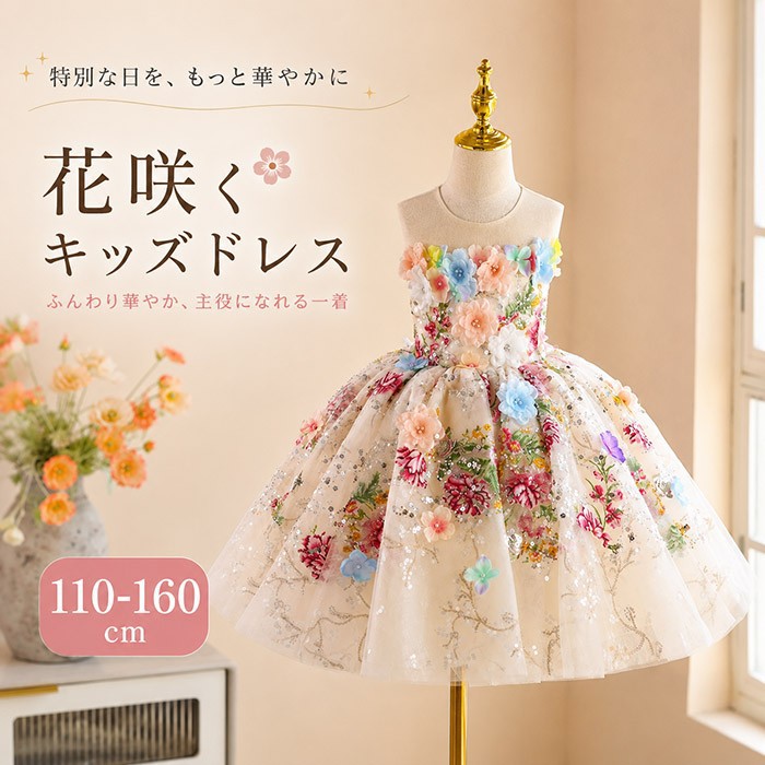 子供ドレス キッズドレス 女の子 フォーマルドレス ノースリーブ 花柄 立体フラワー スパンコール チュール Aライン 選べる2丈 結婚式 発表会 演奏会 ピアノ コンクール 七五三 110～160cm bd087n1n1h5
