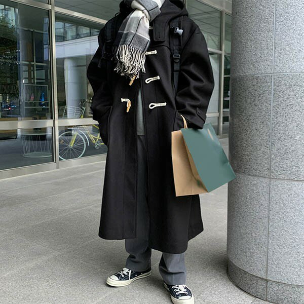 ダッフルコート メンズ 学生 男子 チェスターコート ウール混 メルトン 冬 コート 無地 学生 フード付き カジュアル 男性 ロングコート トップス アウター ブラック 通勤 通学 ロング丈 シンプル dd287n1n1ze