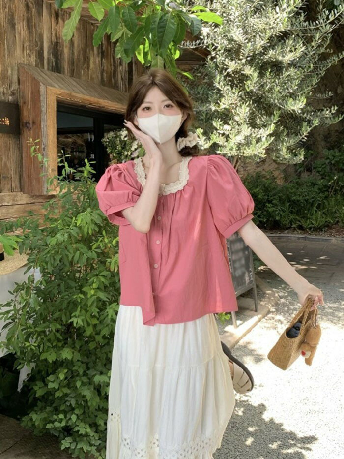 トップス 半袖 大人可愛い レースネック ブラウス スウィート 韓国風 セットアップ 大人 かわいい 夏 20代 30代 40代 リゾート レディース ファッション ゆったり シンプル カジュアル おしゃれ dg317n1n1jc
