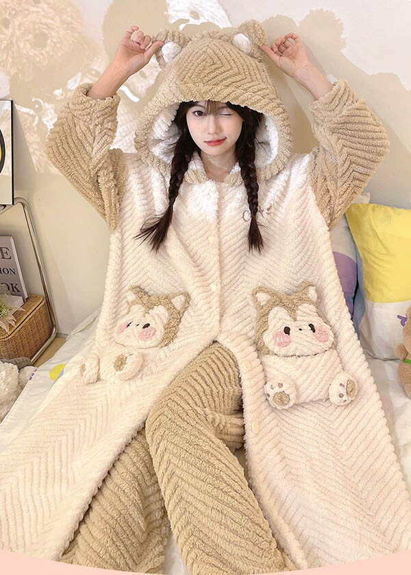 ルームウェア もこもこ リス パジャマ 冬 長袖 ナイトガウン 着る毛布 前開き フード付き 寝巻き 部屋着 暖かい あったか 着ぐるみ モコモコ 大人用 ふわふわ 動物 レディース 女性用 ガウン かわいい 可愛い ギフト プレゼント dh132n1n1d7 3