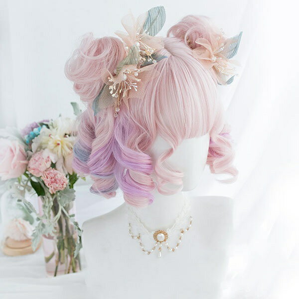 ウィッグ lolita メッシュ 短髪 ロリータ風 原宿風 かつら 巻き毛 ぱっつん前髪 グラデーション ピンクパープル レディース コスプレウィッグ 可愛い 団子付き ショート 耐熱ウィッグ コスチューム dp030n1n1zo