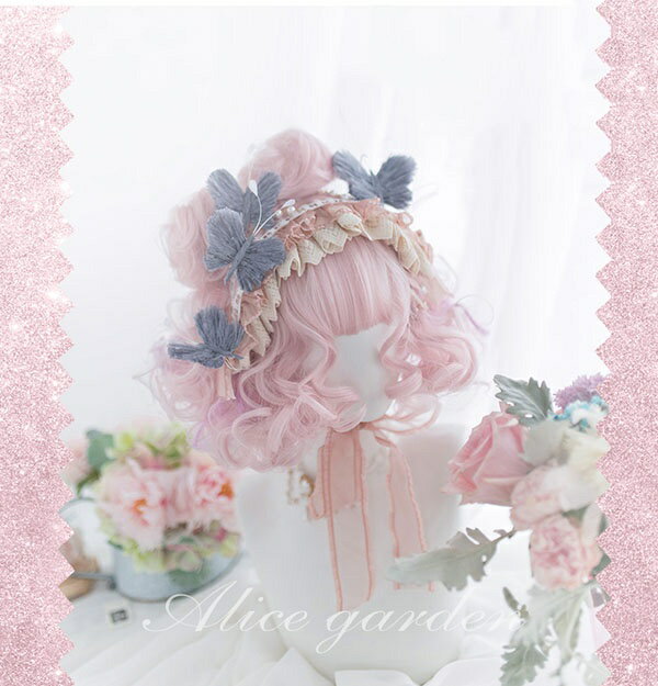 ウィッグ lolita メッシュ 短髪 ロリータ風 原宿風 かつら 巻き毛 ぱっつん前髪 グラデーション ピンクパープル レディース コスプレウィッグ 可愛い 団子付き ショート 耐熱ウィッグ コスチューム dp030n1n1zo