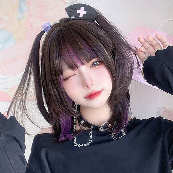 楽天グレースショップフルウィッグ かつら インナーカラー パープル 女性 短髪 普段使い ミモレ丈 ショートウィッグ ショートヘア 前髪あり 自然 可愛い キュート ウイッグ wig コスプレ 耐熱ウィッグ 茶髪 小顔効果抜群 コスチューム 文化祭 学園祭 イベント 韓国風 変装 女装 dp203n1n1ze