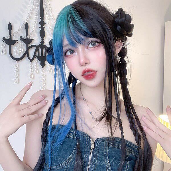フルウィッグ メッシュ lolita 長髪 ロリータ風 原宿風 日常もOK かつら ストレート ゆめかわ ウィッグ 前髪あり 黒髪 ブラック ブルー 水色 レディース コスプレ 可愛い ロング 耐熱ウィッグ コスチューム 小顔効果抜群 文化祭 学園祭 イベント 変装 女装 dp254n1n1jc