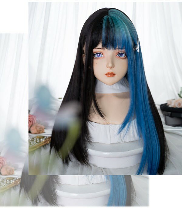 フルウィッグ メッシュ lolita 長髪 ロリータ風 原宿風 日常もOK かつら ストレート ゆめかわ ウィッグ 前髪あり 黒髪 ブラック ブルー 水色 レディース コスプレ 可愛い ロング 耐熱ウィッグ コスチューム 小顔効果抜群 文化祭 学園祭 イベント 変装 女装 dp254n1n1jc
