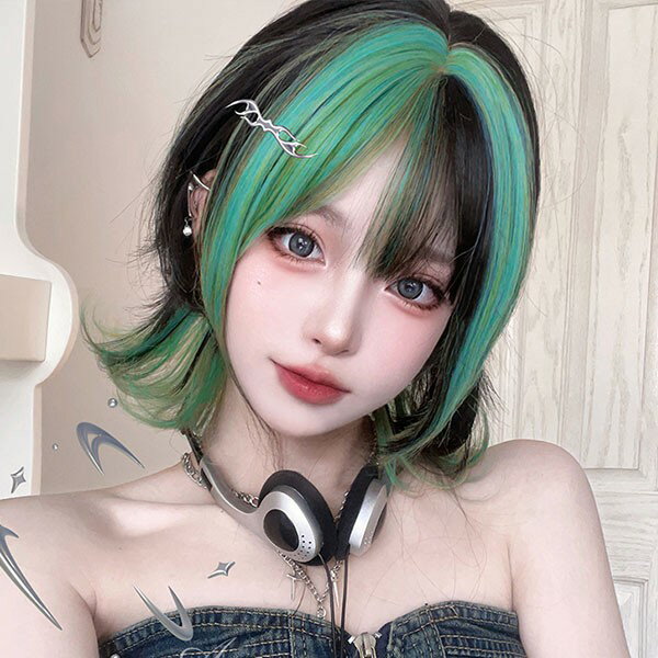 ウィッグ メッシュ レディース フルウィッグ ミディアム ストレート ぱっつん前髪 前髪あり 可愛い かわいい 大人用 コスプレ ロリータ ゴスロリ コスチューム 原宿風 仮装 超自然 かつら wig Lolita 小顔 文化祭 イベント 学園祭 ハロウィン 緑 dq082n1n1ze