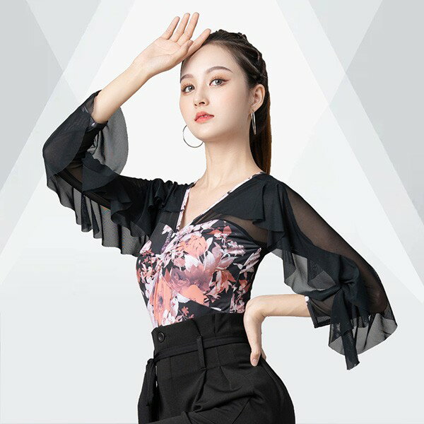 社交ダンス トップス 社交ダンス衣装 レオタード式 トップス 大きいサイズ 花柄 フリル ダンス用シャツ..