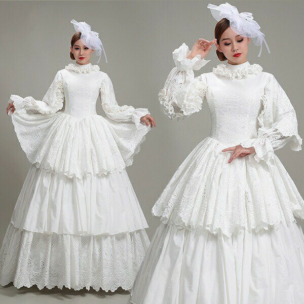 貴族 ヨーロッパ ステージ 衣装 貴婦人 衣装 ロングドレス 演奏会 舞台衣装 レース ウエディングドレス パフスリーブ お姫様 中世 ドレス イベント衣装 声楽 オペラ イベント プリンセスライン ワンピース 撮影 コスプレ Aライン ハロウィン フリル ホワイト S/M/L/LL/3L/4L
