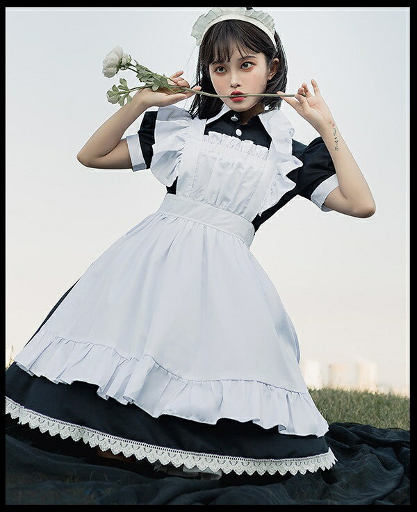 メイド服 コスプレ レディース メイド ハロウィン コスプレ衣装 アンティーク クラシック ウェイトレス フリル レース ひざ上 ミニ丈 パフスリーブ コスチューム 仮装 かわいい 大人用 イベント 忘年会 新年会 エプロン 正統派 ブラック da936s1s1jc
