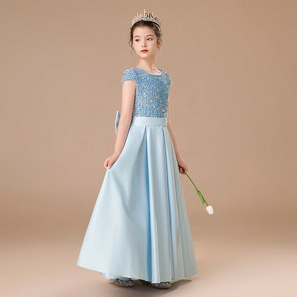 子供ドレス フラワーガール ブルー 水色 子供 ドレス 子供用 ロングドレス フォーマルドレス パーティー 結婚式 発表会 演奏会 フラワーガール ピアノ発表会 半袖 キラキラ 女の子 リボン付きdb148s1s1jc