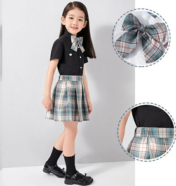 キッズスーツ 女の子 キッズフォーマル 卒業式 卒業式スーツ チェック柄 半袖 リボン プリーツスカート スカパン 黒シャツ ブラック 小学生 小学校 お受験 発表会 3点セット オシャレ 入園式 卒園式 発表会 通学 子ども服 110 120 130 140 150 160 170dg214s1s1ze