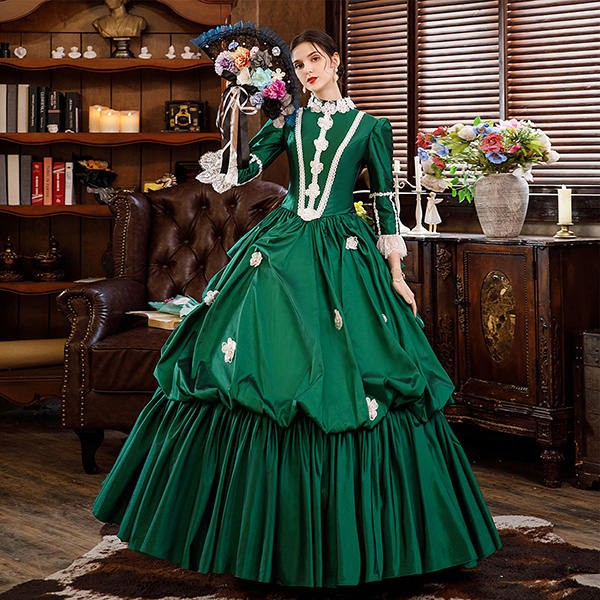 ドレス レディース ロングドレス 貴族ドレス 中世ヨーロッパ お姫様 プリンセスドレス カラードレス 長袖 フリル ティアドロップ ハロウィン バッスルライン ボリューム ゴージャス ステージ衣装 貴婦人 オペラ プリンセスライン ワンピース 撮影 ファスナー グリーン
