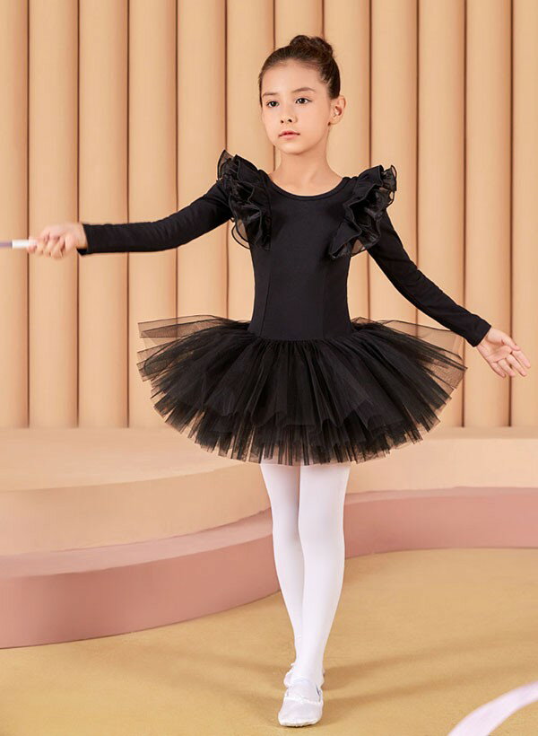 バレエレオタード スカート付き 長袖 チュチュ コットン バレエ レオタード キッズ ジュニア用 バレエ用品 レッスン こども 発表会 レッスン着 新体操 バレエ衣装 練習用 ブラック 黒 ピンク パープル 100cm 110cm 120cm 130cm 140cm 150cm 160cmfd001s1s1d7