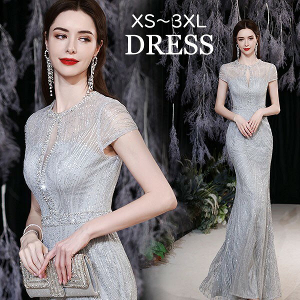 緊急値下げ　フォーマルドレス大きめサイズ　シルバーロングドレス3XL秋までOK パーティードレス 結婚式 ワンピース ドレス 親族 大きめ 袖あり