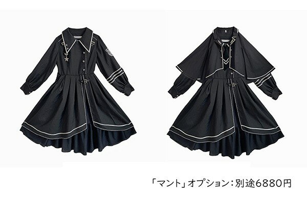 ロリータ ゴシック ゴスロリ ワンピース Aライン Lolita 長袖 黒 可愛い かっこいい ミモレ丈 マント追加可 レディース コスチューム 仮装 cos ハロウィン 学園祭 文化祭 dg309t2t2jc 2