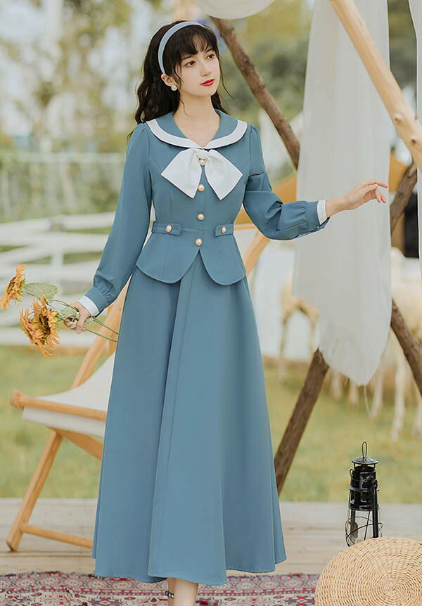 クラロリ ワンピース 可愛い セーラーカラー ロング レディース ロリータ lolita 日常 長袖 大人 春 秋 ブルー 青 S M L XL dr133t2t2jc