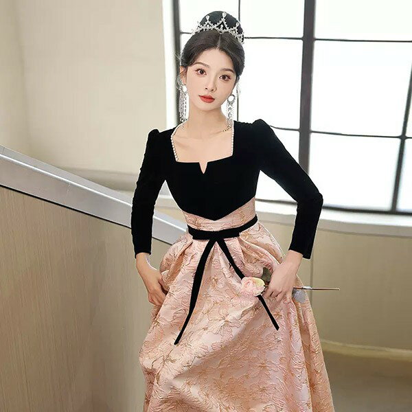 ドレス 大人 ピアノ 発表会 イブニングドレス パーティードレス ロングドレス 演奏会 結婚式 成人式 可愛い Aライン 長袖 大きいサイズ ワンピース 大人 上品 フォーマル ファスナー S M L XL 2XL 3XL ea077t2t2jc