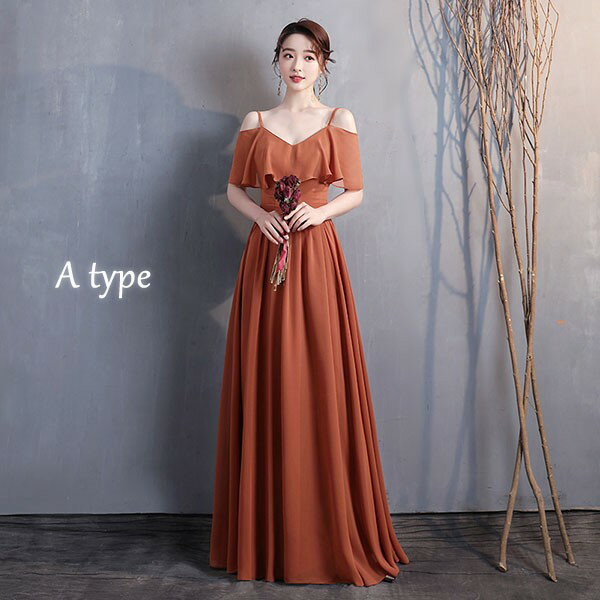 ブライズメイド ドレス ロングドレス シフォン オレンジ 演奏会 ピアノ発表会 Vネック スレンダーライン ワンピース 夏 レディース 涼しい 袖付き 袖なし ゆったり リゾート 海 サマー 春夏きれいめ 大きいサイズ 小さいサイズ 20代 30代 40代 結婚式 母親 ドレス
