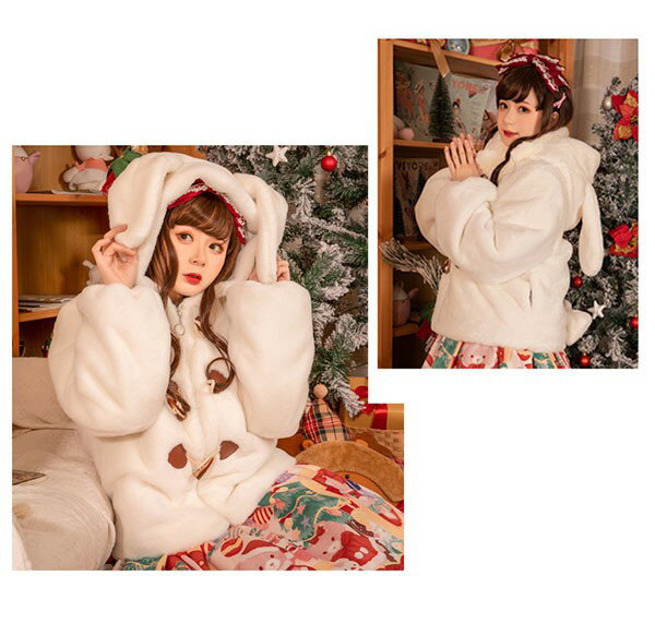 もこもこアウター 可愛い うさみみパーカー うさ耳 ショートコート ジャケット 女の子 レディース 厚手 ボレロ ロリータ lolita 秋冬 ホワイト 白 ブラウン ブラック 黒 小柄 学生 通学 通勤 防寒 寒さ対策 柔らかい 軽い着心地 暖かい カジュアル dd152x1x1d7