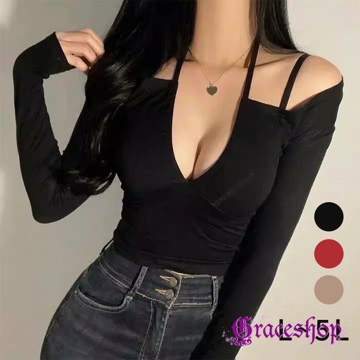 Rakuten - カシュクール トップス レディース 深Vネック ショート丈 オフショルダー ストレッチ 長袖 タイト セクシー 肌見せ 谷間メイク クロスストラップ 春 秋 デート服 イベント 大きいサイズ 全3色 ブラック レッド ベージュ L LL 3L 4L 5L 送料無料 dd206x1x1sa