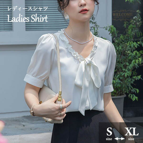ボウタイ ブラウス レディース リボン リボンタイ ボタン 落ち感 タレ感 ドレープ性高い ストンと落ちる 大人 半袖あり 袖付き 夏 春 秋 おしゃれ 上品 きれいめ ゆったり 薄手 韓国風 無地 シンプル フェミニン dk163x1x1jc