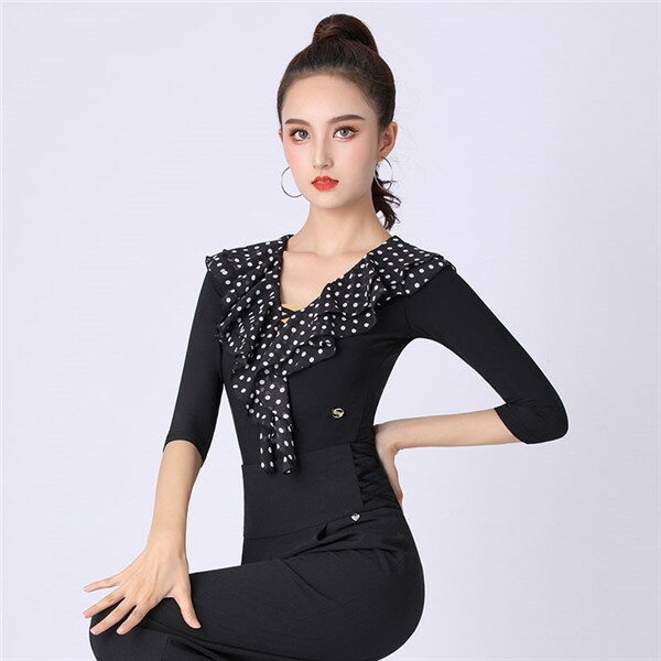 レオタード レディース 社交ダンス トップス ラテン トップス ダンストップス 袖あり 五分袖 Vネック フリル ドット柄 衣装 上着 競技着 モダン ダンス衣装 上着 ダンス 社交 練習着 ワルツ チャチャチャ レッスン着 ステージ 衣装 演出着 ブラック dm044x2x2jc