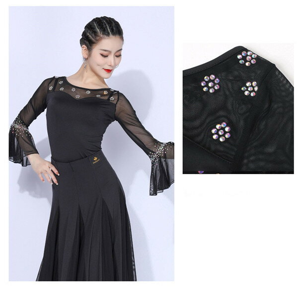 社交ダンス トップス 女性 衣装 長袖 黒 ブラック フリル 上着 競技着 モダン ラテン レディース 社交 練習着 ワルツ チャチャチャ ステージ 演出着dm111x2x2jc