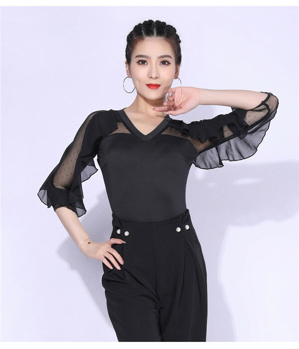 社交ダンス トップス レディース 袖あり 五分袖 女性 衣装 黒 ブラック 上着 競技着 モダン ラテン 社交 練習着 ワルツ チャチャチャ ステージ 演出着dm133x2x2jc