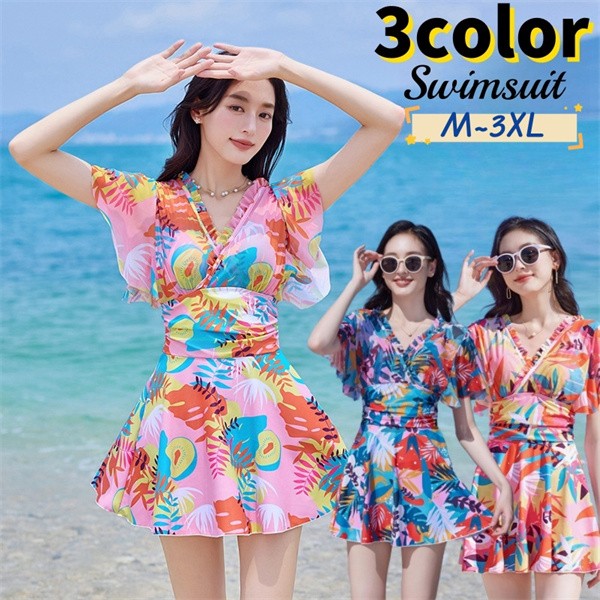 乐天商城 - 水着レディース 体型カバー ノンワイヤー ワンピース 半袖 大きいサイズ 可愛い 露出控えめ ハイウエスト 着痩せ 温泉 ビーチ リゾート プール 海 20代 30代 40代 50代 4L