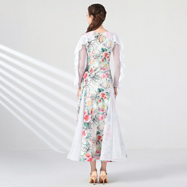 社交ダンス ドレス ダンスドレス 大きい裾 花柄 モダンダンス モダンドレス ワルツ ロングドレス 社交ダンス衣装 ワンピース 練習着 演出着 ステージ衣装 舞台衣装 演出用 セクシー ダンスウエア ダンス発表会 団体 dm031z7