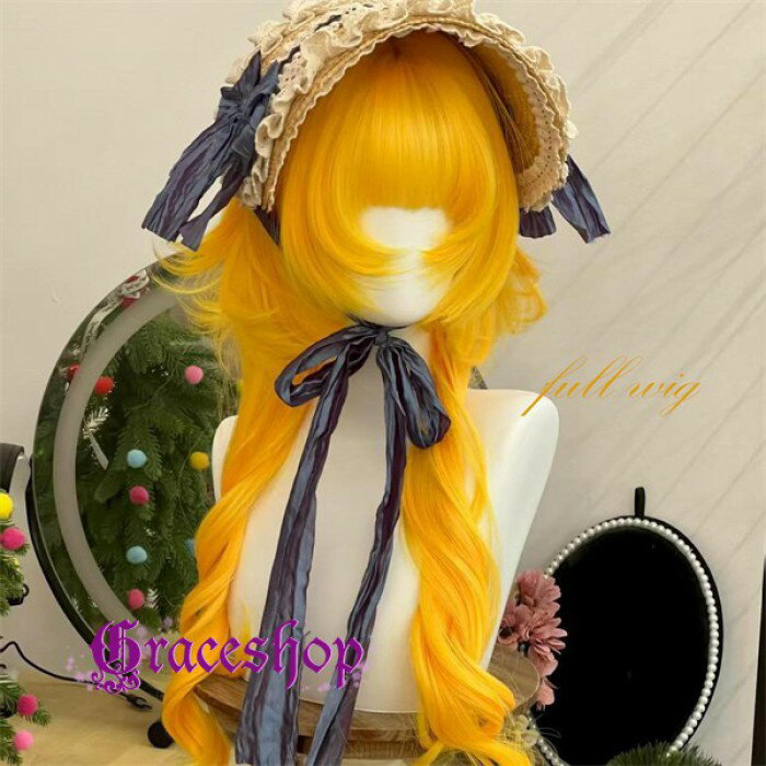ウィッグ レディース ロング 水母ヘア風 イエロー レイヤーカール フルウィッグ ふんわりカール ロリータ 清楚系 耐熱 原宿系 コスプレ 撮影 イベント 仮装 小顔見せ dp075z7z7sa