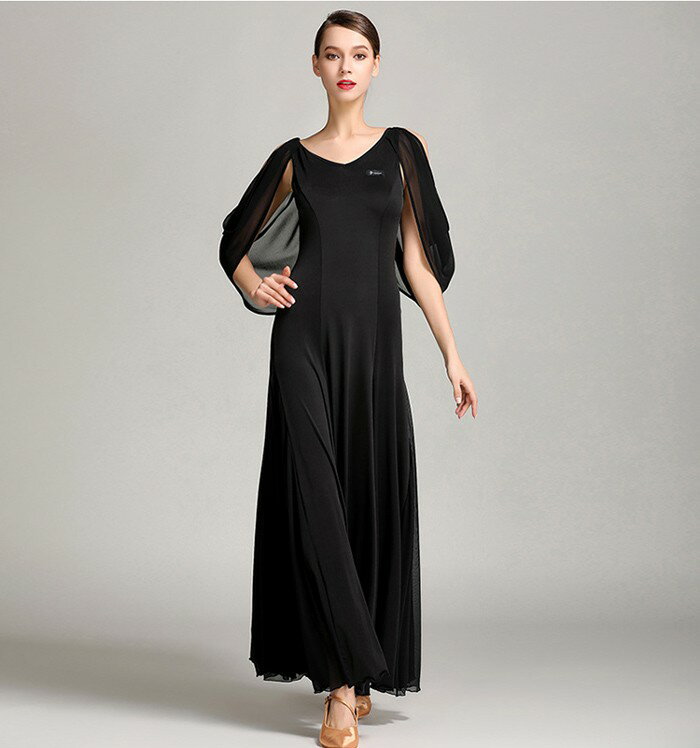 高品質 社交ダンス ドレス 社交ダンス衣装 長袖 黒 初心者 練習着 広がる裾 発表会用 ワンピース パーティー スタンダード レッスン着 発表会 競技着 演出用 開場ドレス ワルツ専用ドレス ロング丈 オールシーズン ブラック S M L XL 2XL be195zbzblc