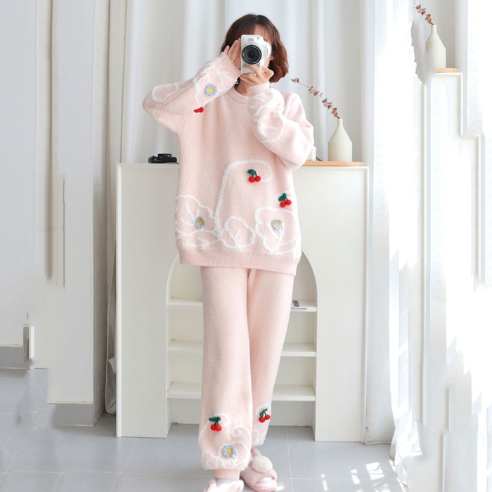 パジャマ チェリー ルームウェア レディース もこもこ 上下セット ナイトウェア 可愛い 長袖 部屋着 秋冬 セットアップ おうち時間 ロングパンツ 韓国ファッション 大人 ゆったり 暖かい ズボン付き おしゃれ dh096zbzbjc
