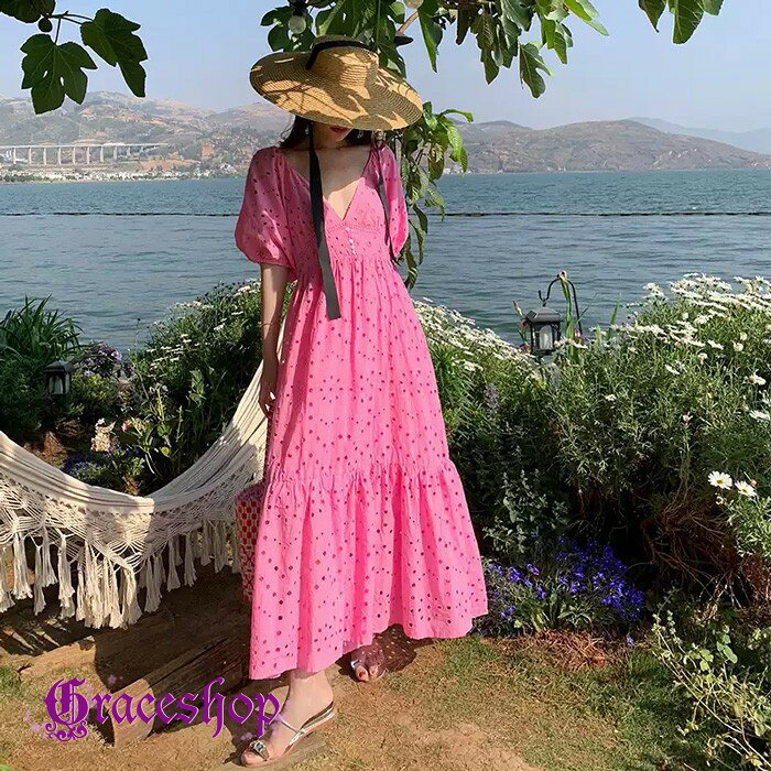 リゾートワンピース 夏 沖縄 ハワイ 花柄 大人 ワンピース サマードレス ハワイアン 韓国 可愛い 夏 ロングワンピース 体型カバー 結婚式 七五三 成人式 卒業式 入学式 Aライン 春夏おうち マキシ丈 おしゃれ ドレープ ピンク S M L XL