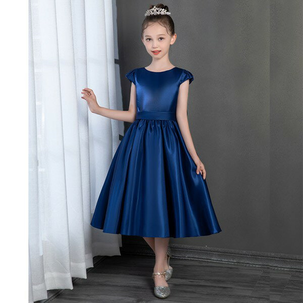 ピアノ発表会 ドレス 中学生 ワンピース ジュニアドレス 七五三 キッズドレス 演奏会 音楽会 パーティー 子供ドレス ワンピース リボン ネイビー 半袖 かわいい お姫様 サテン 上品 エレガント 女の子 結婚式 フォーマル 大人っぽい 誕生日 フレアスカート 150 160 2