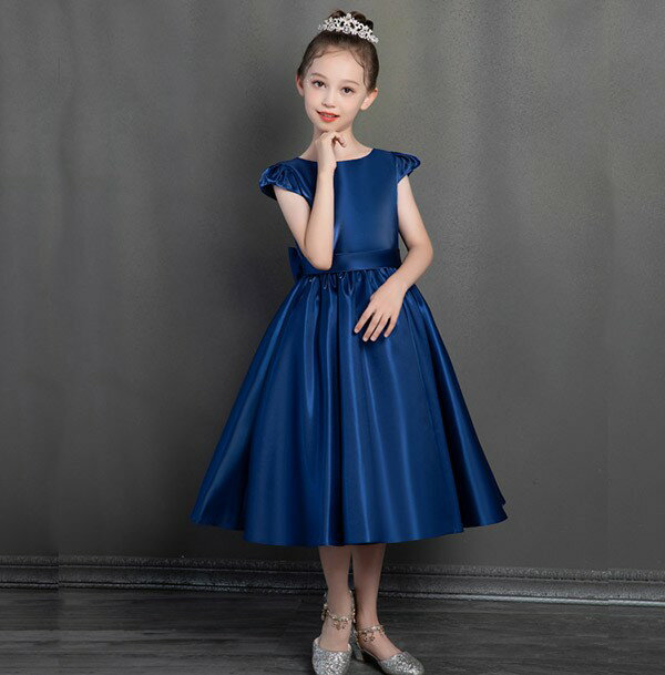 ピアノ発表会 ドレス 中学生 ワンピース ジュニアドレス 七五三 キッズドレス 演奏会 音楽会 パーティー 子供ドレス ワンピース リボン ネイビー 半袖 かわいい お姫様 サテン 上品 エレガント 女の子 結婚式 フォーマル 大人っぽい 誕生日 フレアスカート 150 160 3