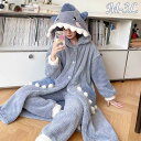 前開き 韓国 サメ柄 もこもこパジャマ レディース 暖かい フード付き モコモコ あったか 冬 かわいい 上下セット 長袖 ルームウェア 着る毛布 もこもこ パ...